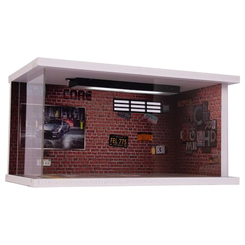 YUHANCHEN 1/24 Scale Display Case Car Garage Moldel with LED Light and Acrylic Cover PVC Acrylic Diecast Car Show Case 1 Parking Spaces red Wall