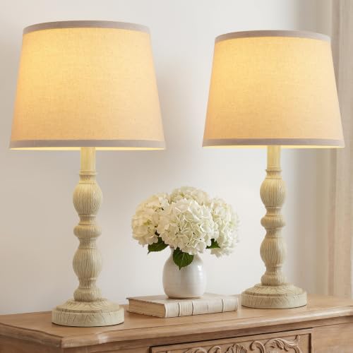 GyroVu Table Lamps Set of 2 for Bedroom, 20.5" Rustic Farmhouse Bedside Lamps with Linen Shade, Vintage Nightstand Lamps for Living Room, End Table Office, Desk(Creamy White)