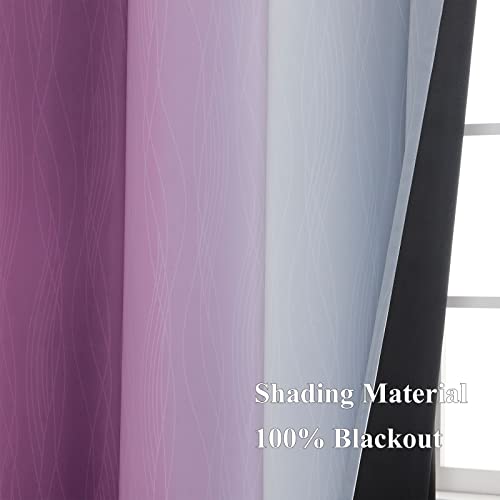 Ombre Purple and Gray Curtains 96 Inches Long, Total Blackout Curtains for Bedroom, Grommet Thermal Insulated Gradient Blackout Drapes, Full Light Blocking Curtains for Kids Room, 52x96 Inch, 2 Panels