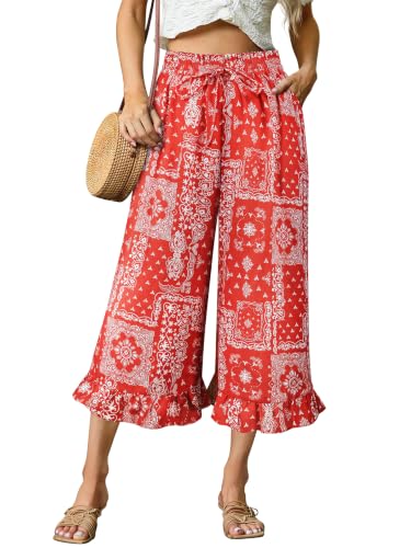 Image of Womens Wide Leg Palazzo Capri Pants Fun Vintage Print Flowy Cropped Capris