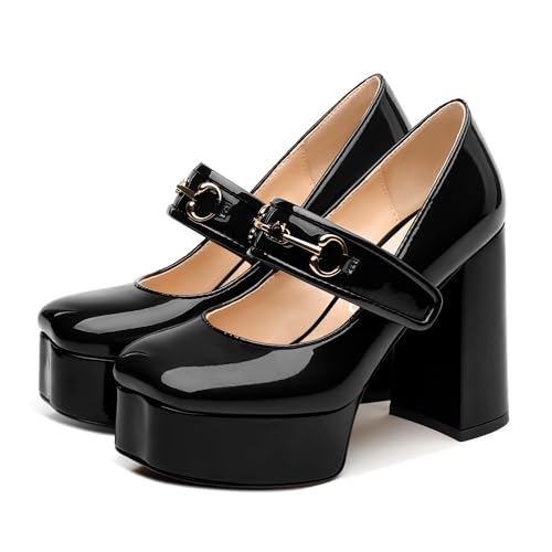 NUMALEO Mary Jane Shoes for Women Platform Mary Jane Heels High Chunky Block Closed Square Toe Strappy Pumps Patent Fashion Sexy Wedding Party Dress Shoes