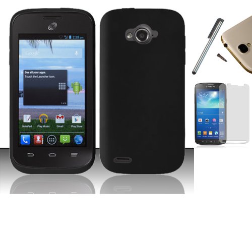 For Zte Savvy / Awe / Reef Z750C N800 N810 (Straight Talk, Virgin Mobile) Soft Gel Case Rubber Skin Silicone Cover + [WORLD ACC] TM Brand LCD Screen Protector + Silver Stylus Pen + Black Dust Cap Free Gift (Black Skin)