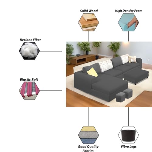 Image of Koza LHS 8 Seater L Shape Sofa Set with Center Table for Living Room (Black Fabric) Premium Fabric Sofa