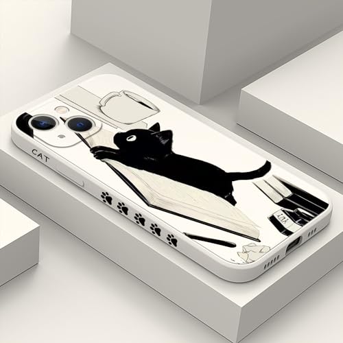 Coque pour iPhone 13 silicone liquide résout le risque de chute avec style floral et chat blanc