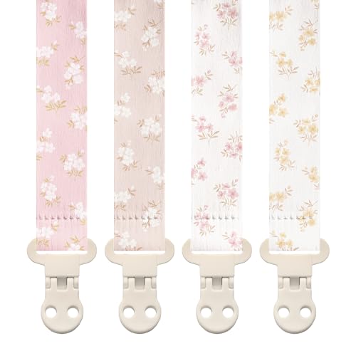 Stadela Baby Fabric Pacifier Clip Holder, Plastic Clip, 4‑Pack, Wildflower Pattern, Heather Set
