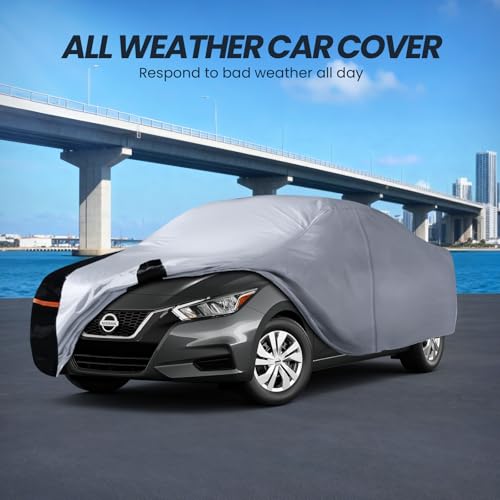 Image of Multi-Layer Car Cover Custom Fit for Nissan Versa (2019-2026), 100% Waterproof All Weather for Automobiles, Gift with Towel, Heavy Duty Car Covers for Rain Sun UV Protection with Door Zipper.