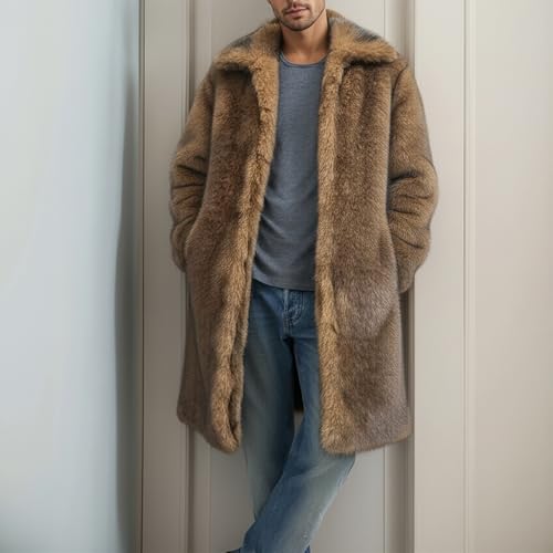 Image of Colf Men's Winter Fluffy Lapel Faux Fur Coat Jacket | Mens Faux Fur Jacket, Winter Long Overcoat, Long Sleeve, Fluffy, Thik Warm
