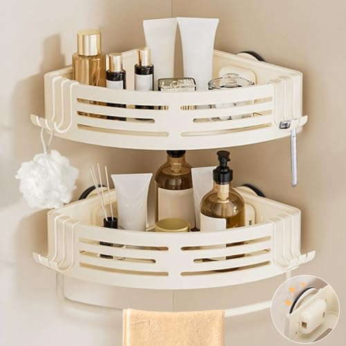 Image of Conworld Corner Shower Caddy Suction Cups, No-Drilling Corner Shower Shelf With a Towel Bar,Removable Suitable for Ceramic Tiles and Glass Walls (Anti-Rust Aluminum, 2-Pack)
