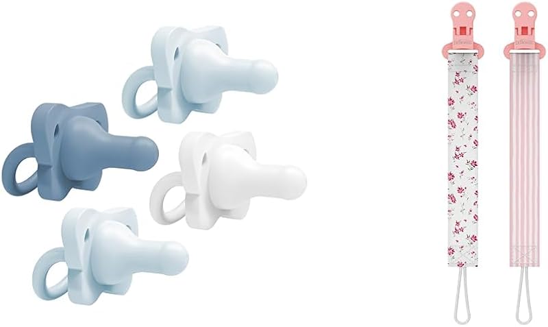 Dr. Brown's Chupete HappyPaci 100% silicona, azul claro/azul/blanco, paquete de 4 + clips para chupete de ajuste universal, flores/rayas, 0-18 m, paquete de 2