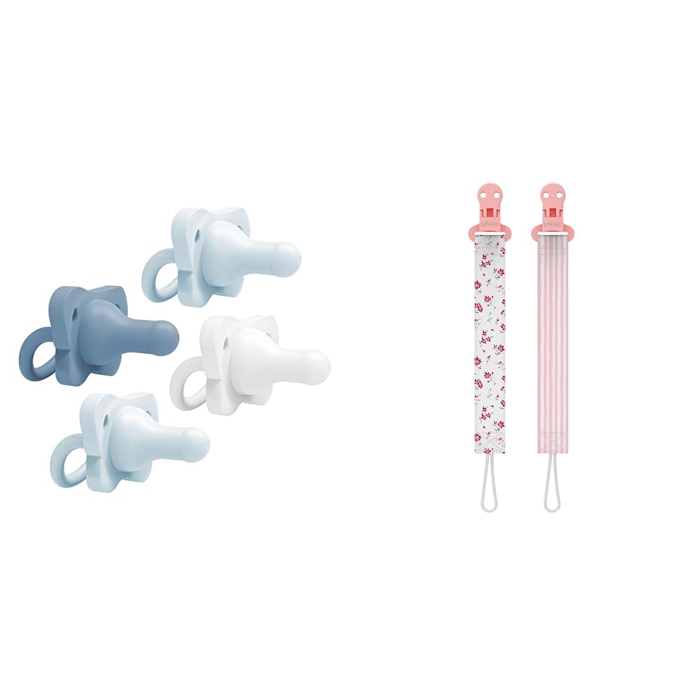 Dr. Brown's Chupete HappyPaci 100% silicona, azul claro/azul/blanco, paquete de 4 + clips para chupete de ajuste universal, flores/rayas, 0-18 m, paquete de 2