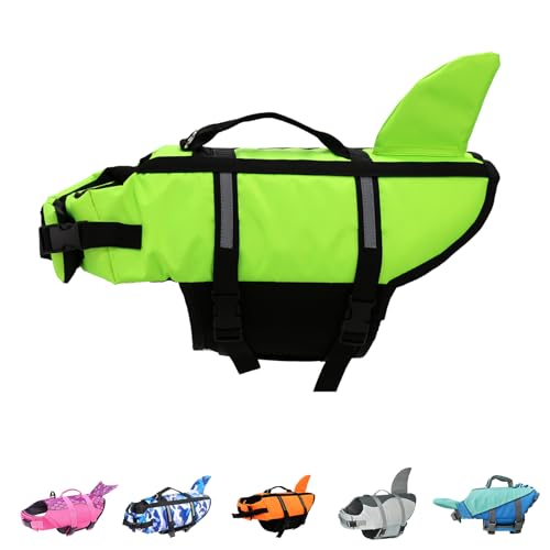 FANUPSON Dog Life Jacket,Cute Shark Dog Life Vest for Swimming Boating with High Buoyancy and Durable Rescue Handle,Adjustable Puppy Floating Swim Vest for Small Medium Large Dogs(Green, X-Large)