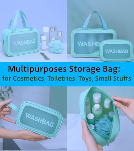 Image of Wazdorf Cosmetic Pouch Bag - Large Waterproof Wash Bag with Handle, Translucent Cosmetic Organizer for Makeup, Brushes & Accessories - Unisex Storage Pouch for Travel & Bathroom Use (Green -3 Pcs)