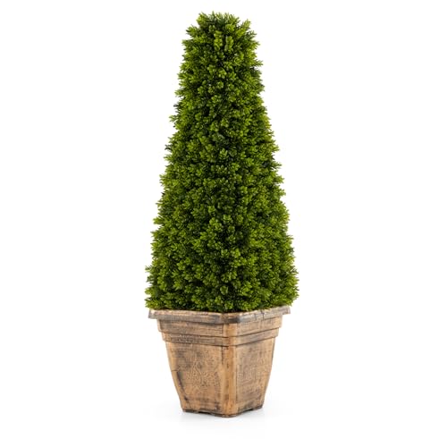 Goplus 3ft Artificial Boxwood Topiary Tree, Cone-Shaped Faux Potted Plants with Cement Flowerpot...