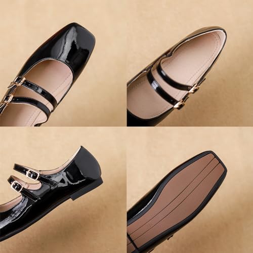 Optigard Women's Patent Leather Mary Jane Flats Comfortable Square Toe Adjustable Double Strap Flat Dress Shoes4