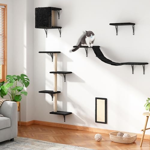 COZIWOW Wall Mounted Cat Furniture, Cat Wall Shelves and Perches, Floating Cat Shelves for Wall Set of 5 (Black)