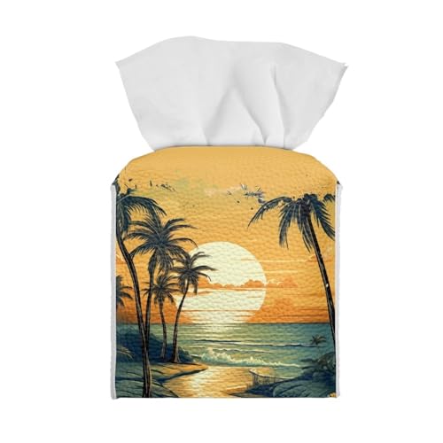 Talayituse Capa de caixa de lenços com estampa de palmeira do sol Havaí, suporte quadrado para caixa de lenços com cinto inferior, organizador de papel facial para guardanapo dobrável, organizador de
