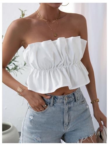 GORGLITTER Women's Strapless Bubble Tube Tops Ruffle Open Back Sleeveless Cute Summer Bandeau Peplum Crop Tops 20254