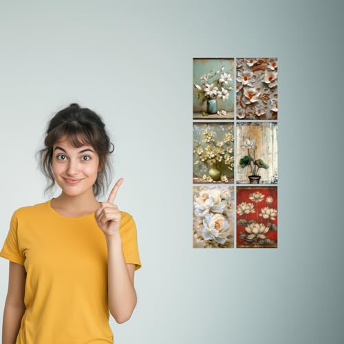 Image of Elegant White Floral Art Print Set - Set of 2-4x6 Inch - Board (Pack of 6) - Sticker (Pack of 6) Wall Room Decoration art Poster Prints
