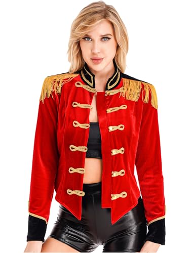 Moggemol Womens Circus Ringmaster Tassel Jacket Coat Velvet Victorian Tailcoat Party Costume Red Medium