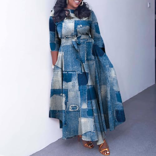 Image of BFFBABY Women's Wrap V Neck Plus Size Maxi Dresses 3 /4 Sleeves Chain Floral Printed Swing Dress with Belt