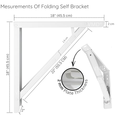 Image of VMD, Heavy Duty 18 inch (White) Foldable Shelf Bracket, DIY Folding Shelves, l Bracket, Wall Brackets, Wall Angle Bracket, Folding Table Bracket with Fittings for fold Down Steel Table (Pack of 2)