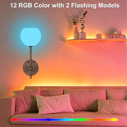 Image of Walnut Grain Battery Operated Wall Sconces Set of 2, Rechargeable Wireless Wall Lights with Milky White Frosted Glass, 12 RGB and 3CCT Dimmable, Wall Lamps with Remote for Bedroom Living Room Hallway