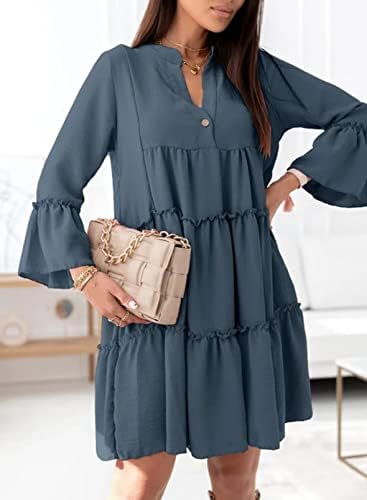 Reukree Womens V Neck Ruffle Layer Cute Mini Dress Long Bell Sleeve Dresses
