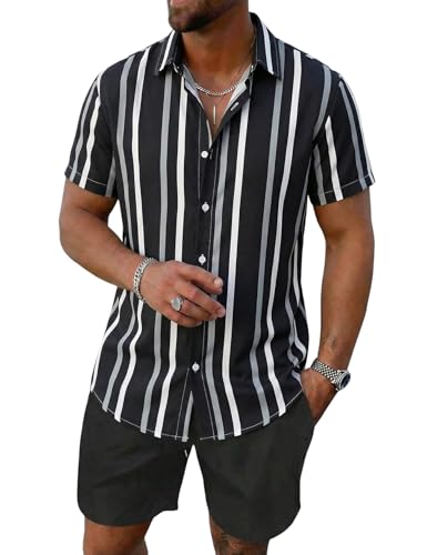 Image of Yimoon Men's Summer 2 Piece Outfits Tropical Print Short Sleeve Button Down Hawaiian Beach Shirt and Shorts Set