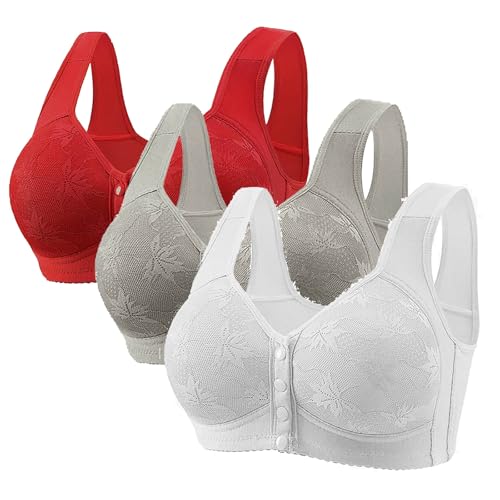 3 Pack Daisy Bras for Older Women No Underwire Full Coverage Front Closure Push Up Everyday Bra Upgraded Breathable Cotton Bralettes