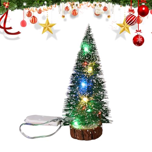 Mini Albero di Natale con Luci a LED,Piccolo LED Albero Di Natale Artificiale Mini Snow Frost Alberi con Base di Legno Decorazioni Natalizie per Desktop Regalo di Natale (M)