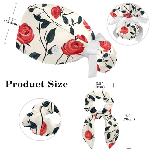 Image of Red Blooming Rose Flowers Black Working Cap with Scrunchy and Ribbon Tie for Women, Long Hair