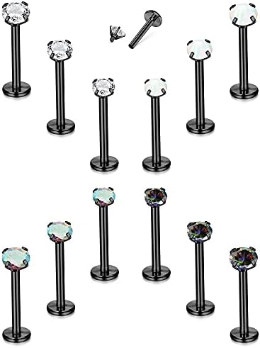 TEN MIRO 12PCS 16G Lip Rings Helix Tragus Earrings Stainless Steel Internally Threaded Labret Studs Cartilage 2/3/4MM Clear CZ/Opal Earrings Monroe Medusa Piercing Jewelry(Black-8MM)