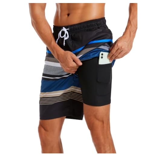 difficort Mens Swim Trunks with Compression Liner Quick Dry Bathing Suits Shorts with Zipper Pockets,Black & Blue & White Stripe,X-Large