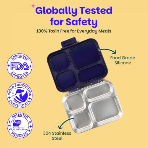 Image of Basil Bento Ace 4C Stainless Steel Lunch Box for Kids | 4 Compartment Leakproof Tiffin Box for Teens & Adults | BPA-Free, Easy-to-Open School Lunch Box | Pixel Rush