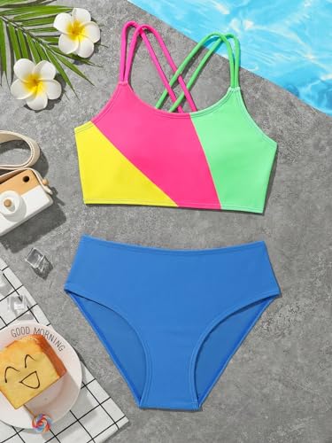 Image of Milumia Girl's 2 Piece Bikini Sets Textured Spaghetti Strap Swimsuit Bathing Suit Color Block 10 Years