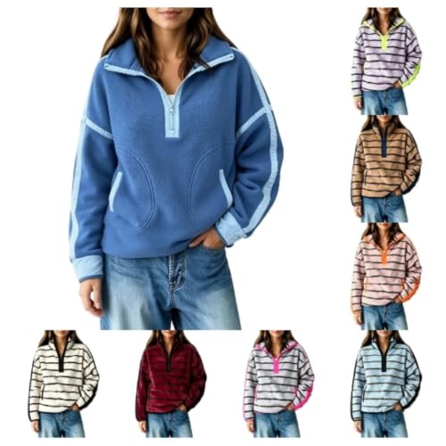 TRCELECTROP Striped Half Zip Sweatshirt Women Oversized Stand Collar Fleece Sweatshirt Fall Winter Warm Coats with Pockets - image 1