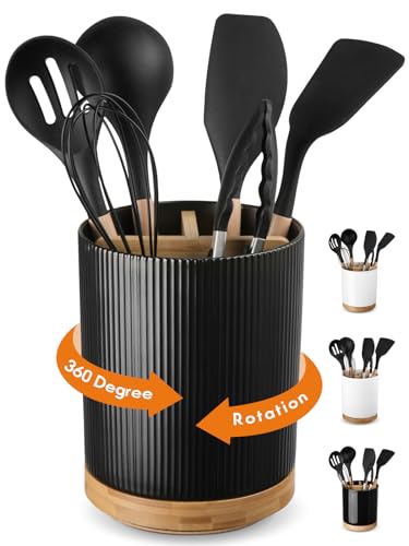 Image of LoeJan 3 Compartment Utensil Holder, Extra Large Utensil Crock, Stable Ceramic Utensil Organizer, Cooking Tool Organizer Set for Kitchen Counter Farmhouse Decor (B-Black(Vertical Stripe))
