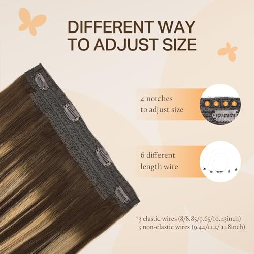 Image of DOORES Wire Hair Extensions, Balayage Chocolate Brown to Caramel Blonde 20 Inch 110g Fish Line Weft Extensions and 2pcs 30g Clip ins, 100g Invisible Wire Real Human Weft Seamless Hairpiece