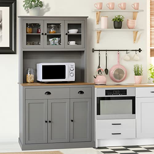 VEIKOU Kitchen Pantry Cabinet, 71" Buffet with Hutch, Freestanding Storage Cabinet with Adjustable Shelves & Glass Doors, Tall Cupboard Pantry Cabinet with Large Countertop, Grey 4 VEIKOU Kitchen Pantry Cabinet, 71" Buffet with Hutch, Freestanding Storage Cabinet with Adjustable Shelves & Glass Doors, Tall Cupboard Pantry Cabinet with Large Countertop, Grey - Image 2