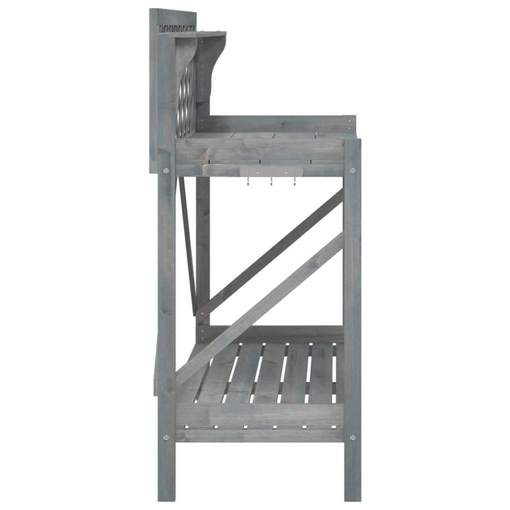 Stół na rośliny z litego drewna jodłowego z kratką, szary, 110 x 50 x 117 cm, stół na rośliny z półką, szufladą, metalowym haczykiem, uniwersalny stojak na kwiaty do ogrodu, na balkon, taras