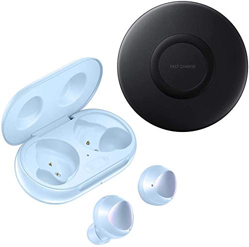Samsung Galaxy Buds+ Plus 2020-11+ Hour Extended Battery, Triple Mic's (Wireless Charging Case Included) International Version R175N (Buds + Fast Wireless Charging Pad Bundle, Cloud Blue)