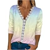Chemisier pour femme Empiècement en dentelle élégant à manches longues T-shirt imprimé floral à manches trois-quart/manches longues Hauts col en V Pull ample Chemisier Tops Party wear, A4-c, M