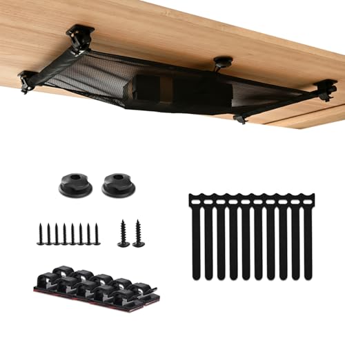 HX AURIZE Under Desk Cable Management Net – Flexible Wire Organizer with Side Rods & Center Hooks – Elastic Mesh Kit for Standing & Office Desks – Adhesive Positioning and Screw Lock Black