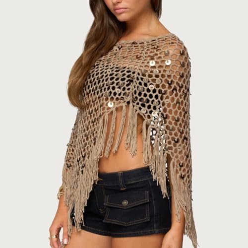 Fringe Sequin Crochet Poncho, Women Sheer Poncho Top Lightweight Knit Mesh Batwing Sleeve Beach Cover Ups4