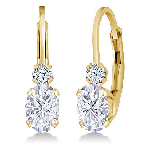 Gem Stone King 14K Yellow Gold Moissanite and White Created Sapphire Leverback Earrings For Women | 1.08 Cttw | Gemstone | Oval 6X4MM, Round 2MM | 3/4 Inch