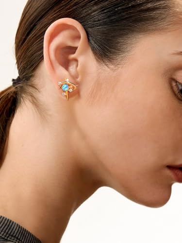 Blue Opal Round Moissanite Star Earrings, Solid 925 Sterling Silver with Gold/White Gold Plated Space Stud Earring, Galaxy Planet Space Earrings for Her/Him, Birthday Christmas Anniversary Jewelry2