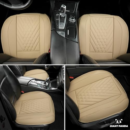 Image of GIANT PANDA Premium PU Leather Front Car Seat Cover Protector Anti-Slip Bottom Seat Cover Fits 95% of Vehicles, Wrapping Around The Bottom (2 Packs - Beige)