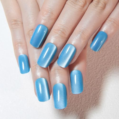 Aqua Blue Cat Eye Press on Nails Medium Square, Medium Square Press Stick on Nails Chrome for Women Gift, Aqua Blue Holographic Glitter Glossy Reusable Gel Acrylic Fake Nail with Designs Cateye Effect