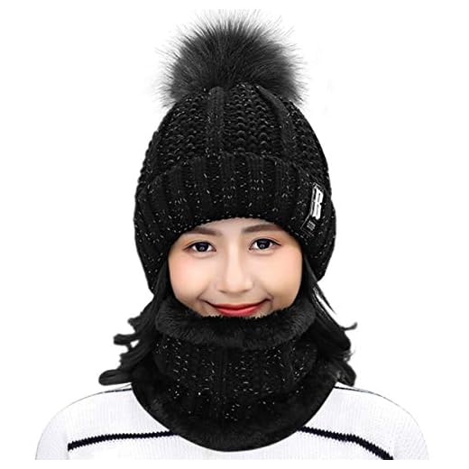 HIDARLING Vintermössa hatt och cirkel halsduk set för kvinnor varm stickad mössa med fuskpäls tofs pom pom och fleecefoder, utomhussport mössor, Svart, M