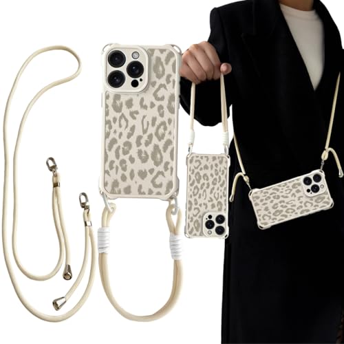 Tedyhulle Handykette für iPhone 12 Pro Hülle mit Band und Armband Necklace Handyhülle Leopard Retro Muster Damen Design Dünn Weich TPU Silikon Case Cover Schutzhülle mit Demontage Halskette Beige